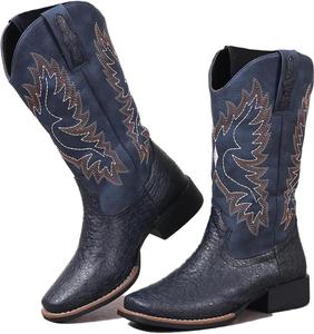 Женские вестерн-ботинки GUNIYIFS с широким голенищем, вышивкой в стиле ретро, ковбойские ботинки с квадратным носком, средней высоты с устойчивым низким каблуком, синий