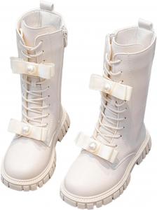 Женские зимние ботинки для верховой езды, высокие до колена, из ПУ-кожи, мотоциклетные ботинки, модные, с жемчужным бантом, на шнуровке с молнией, военные ботинки Generic, Beige