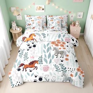 Erosebridal Комплект постельного белья Queen для детей с принтом лошадей в стиле фермы, розовые цветы и зеленые листья, Brown Gray