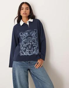 Толстовка-поло свободного кроя ASOS DESIGN с принтом загородного клуба в темно-синем цвете