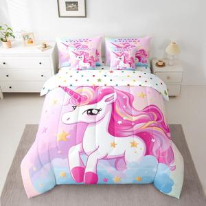 Erosebridal Комплект постельного белья Kawaii Unicorn для девочек с мультяшными единорогами и звездами в пастельных тонах, Pink White