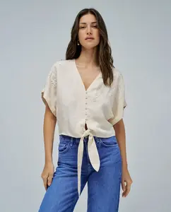 Женская блузка из светлого денима с завязкой на подоле Salsa Jeans, светло-бежевый