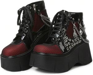 Женские готические платформенные ботильоны Y2K Punk с модной цепочкой, круглыми отверстиями, клиновидным высоким каблуком и толстой подошвой, ботинки для косплея, вечеринки, сцены и уличного стиля CTKVbmeoi, Red