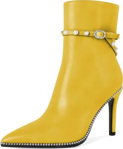 Женские ботильоны SAMMITOP, короткие сапожки с заостренным носком, стойка-кубита на высоком каблуке, модные туфли с бусинами, жемчужной пряжкой, для платья, каблук 4 дюйма