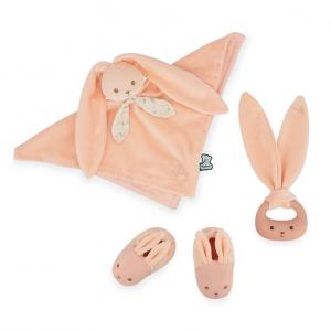 Подарочный набор Kaloo 3 в 1 Кролик (утешитель+прорезыватель+обувь) персиковый Lapinoo