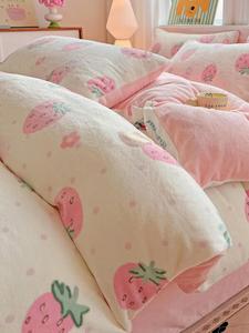 Fuanna Комплект постельного белья из 4 предметов (простыня 150 см, пододеяльник 200х230 см), вельвет, цвет Cream Strawberry, утепленный