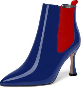 Женские лакированные ботильоны SKYSTERRY на высоком каблуке-столбике 3,3 дюйма, с острым носком для вечеринки, на молнии, Red Royal Blue