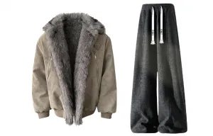 Повседневный спортивный костюм Unisex с лацканами, утолщенный и с флисовой подкладкой X1617, серый puffer jacket+черный fleece-lined pants