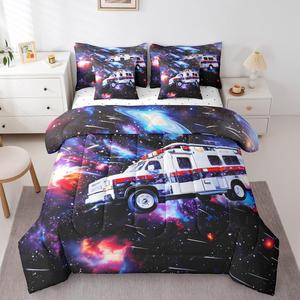 Erosebridal Комплект постельного белья Ambulance Kids с принтом автомобилей скорой помощи и звездного неба в фиолетовых тонах, White Black Purple
