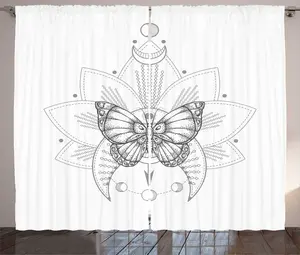 Штора ABAKUHAUS Полумесяц в деревенском стиле, Мистический цветочный узор с бабочками, присборенная тесьма для спальни с петлями и крючками, 280 x 245 см, светло-серый с белым Abakuhaus