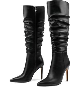 Женские сапоги COLETER до колена с заостренным носком, шпилькой, пряжкой, для платья, мягкие с молнией и каблуком, Black Slouchy