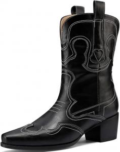 Женские вышитые ковбойские сапоги на каблуке, с цветочным рисунком, низкий широкий каблук, западный стиль LIPIJIXI, 005 Black