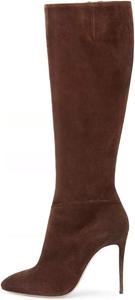 Женские западные высокие сапоги FSJ до колена с острым носком, высокой шпилькой и широким голенищем, кожаные, для верховой езды, размеры 4-15 US, Brown