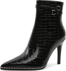 Женские ботильоны Soireelady с заостренным носком, тонким высоким каблуком, расшитые бисером, с коротким голенищем, боковой молнией и металлической пряжкой, каблук 4 дюйма, Crocodile Black