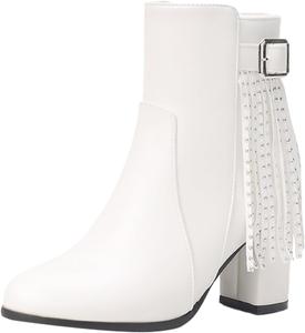 Женская мода Винтажные ботильоны с кисточками, низкий массивный каблук, закрытый носок, короткие ботинки с боковой молнией, ботинки на каблуке Челси, осень-зима Generic, White