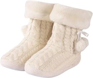 Женские вязаные домашние тапочки с помпонами, теплые пушистые ботильоны для дома с противоскользящей подошвой, мягкие и уютные для женщин Amzhom, White