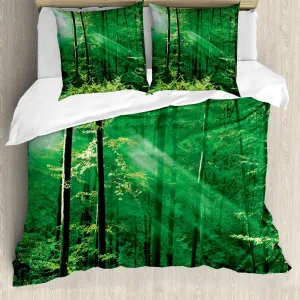 Пододеяльник ABAKUHAUS Лес, Утро лесных деревьев, с защитой от клещей, подходит для аллергиков с наволочками, 200 см x 200 см - 80 x 80 см, зелено-белый Abakuhaus
