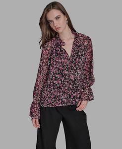 Женская блузка с V-образным вырезом и длинными рукавами BCBG, Black/sorbet Fuchsia