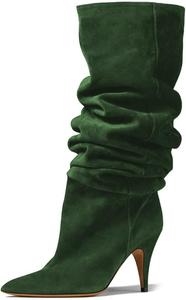 Женские сапоги Zszszsu с заостренным носком, мягкие, до колена, модные, на высоком каблуке-стилетто, широкие голенища, на подъем, для платьев, осенне-зимние, для вечеринок, размеры 4-16 US, Dark Green