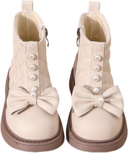 Девочковые милые ботинки-чикси KKDOM с бантиком, низкий каблук, декоративные жемчужины, боковая молния, удобные ботильоны челси (для малышей/дошкольников/детей постарше), Beige