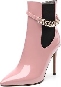 Женские ботильоны, короткие ботинки с высоким каблуком и заостренным носком, боковая молния, модный ремешок с цепочкой RLYGHWAO, Pink Patent