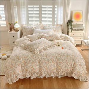 Generic Комплект постельного белья Cotton с рюшами, цветочный стиль, ультрамягкая текстура One Color