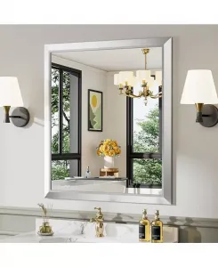 Зеркало для ванной комнаты, настенные зеркала в металлической раме толщиной 36" x 32" для установки над раковиной, в спальне, гостиной, прихожей, прямоугольные настенные зеркала серебристого цвета (горизонтальные/вертикальные) Amorho, silver