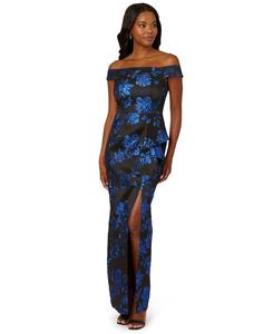 Женское длинное платье с открытыми плечами и драпировкой Adrianna Papell, Black/Blue