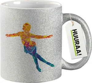 Кружка Huuraa Glitter с разноцветным силуэтом для катания на коньках, подарочная, 330 мл, серебряная, подарок для катания на коньках Hellweg Druckerei