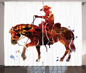 Штора ABAKUHAUS "Вестерн Лошадь" в деревенском стиле, акварельный ковбой, универсальная ленточная штора для гостиной с петлями и крючками, 280 x 225 см, бордовый и разноцветный Abakuhaus