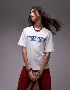 Футболка оверсайз с принтом Santorini белого цвета от Topshop