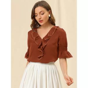 Женская блузка с V-образным вырезом и рюшами, повседневный шифоновый топ с рукавами-колокольчиками ALLEGRA K, бежевый