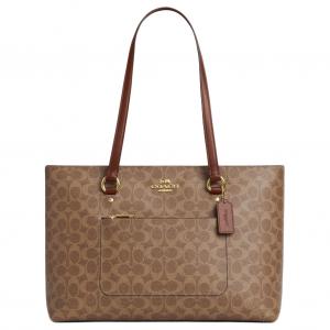 COACH Искусственная кожа с кожаной вставкой женская сумка через плечо большая коричневая желтая