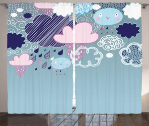 Штора ABAKUHAUS Kids в деревенском стиле, с изображением мультяшных улыбающихся лиц, с петлями и крючками, для гостиной, универсальная, 280 x 245 см, розово-голубая Abakuhaus