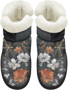 Женские удобные зимние сапоги для прогулок с противоскользящей подошвой EVA, сапоги средней длины до икры, с искусственным мехом, размеры 4.5-12 Chririnla, Retro Dragonfly Floral