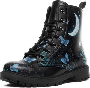 Женские ботинки на солнечную и лунную тематику, бохо-стиль, ботильоны до щиколотки, водонепроницаемые, из искусственной кожи, готические, ведьминские, на шнуровке, массивные AWSOLE, Black-Blue2