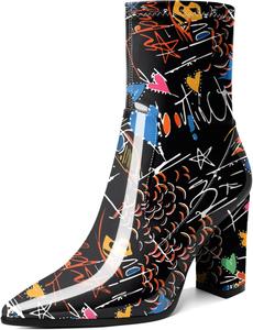 Женские ботильоны AUMOTED с блок-каблуком, массивный высокий каблук, короткие ботинки, заостренный носок, боковая молния, модные удобные ботинки для выхода, каблук 3,4 дюйма, Graffiti