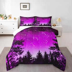 Erosebridal Комплект постельного белья Star Constellation с галактическим принтом, розово-фиолетовая расцветка, звездное небо и лесные мотивы, Purple Pink