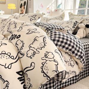 Yalu Комплект постельного белья 4 предмета для кровати 1,8 м, пододеяльник 180x220 см, динозавры, буквы, гипоаллергенная ткань