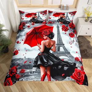 Erosebridal Романтический комплект постельного белья с изображением Эйфелевой башни и лепестков роз, цветовая гамма черный, красный, серый, Red Grey