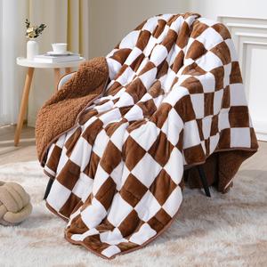 Утяжеленное одеяло 122х183 см, 6,8 кг, Cottonblue Checkerboard, для взрослых, Twin Size, из пушистого фланели Sherpa, ультрамягкое, уютное, клетка, цвет khaki