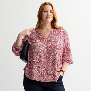 Блузка Plus size с разрезом на горловине и защипами Croft & Barrow, Red Scenic Medallion