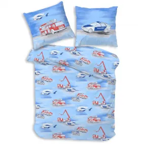Комплект постельного белья Blue Light Heroes, Полиция и пожарная часть, Вертолет, 135x200 см + 80x80 см, 2 предмета, 100% хлопок, идеально подходит в качестве подарка TRAUMHELDEN