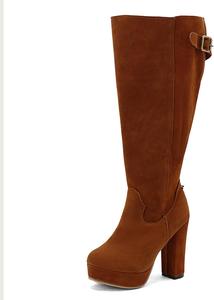 Женские высокие сапоги до колена с широким каблуком, сапоги с массивным средним каблуком, платформенные сапоги, сапоги с круглым носком и широкой голенью Generic, Yellow Brown