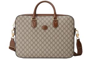 GUCCI Кожаный холщовый портфель через плечо мужской классический черно-коричневый