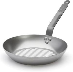 Круглая сковорода-гриль De Buyer 5530.26 с ручкой, изготовлена ​​из полосовой стали, 26 см, металлический цвет, серебристый