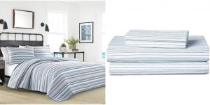 Nautica Комплект постельного белья, 4 предмета, размер Queen, всесезонный хлопковый перкаль, серо-сине-белая полосатая расцветка