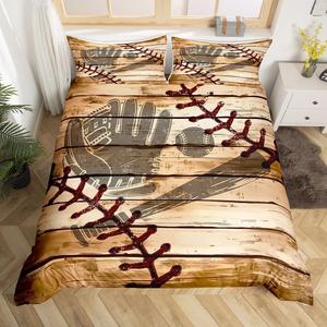 Erosebridal Комплект постельного белья Baseball Duvet Cover Vintage Sports с принтом бейсбольных бит и перчаток в стиле рустик, Red Brown