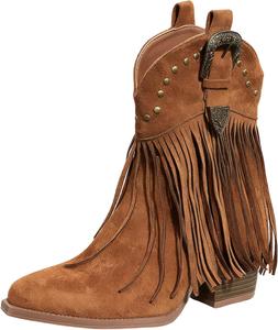 Женские ковбойские сапоги с бахромой, массивный каблук, западный стиль, кисточки, ретро вышивка, заостренный носок, массивный каблук, ботильоны на щиколотку Generic, Brown