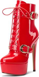 Женские лакированные ботильоны на платформе Aachcol, застежка на шнуровку, высокий каблук-стилет, пряжка и молния, короткие ботинки, туфли для выпускного платья, каблук 15 см, Red